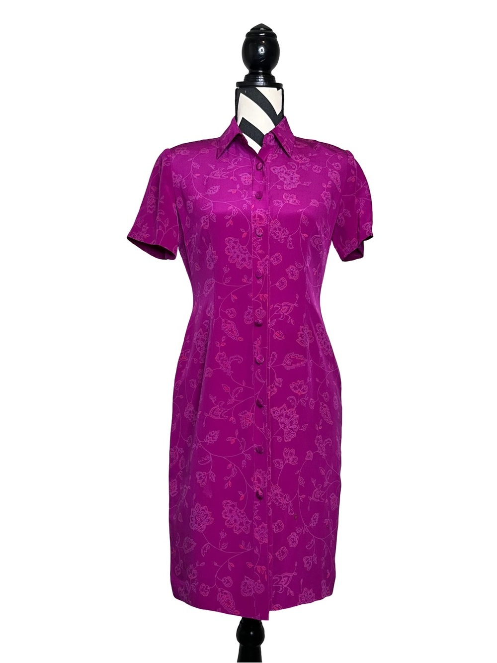 Vintage Adrianna Papell 100% Silk Floral Button Front Short-Sleeve Dress Sz 4P